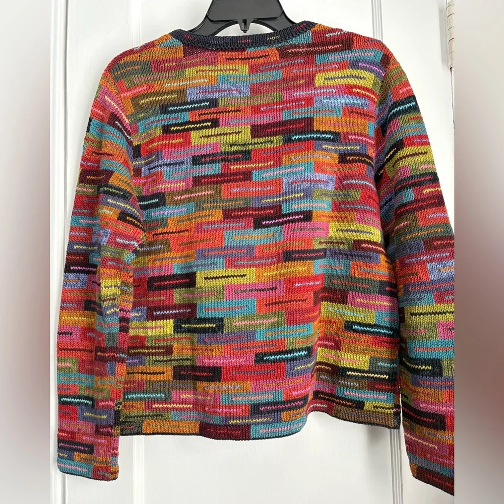 Peruvian Connection Pima Cotton Colorful Abstract Knit Button Cardigan, Sz Med - Picture 3 of 9